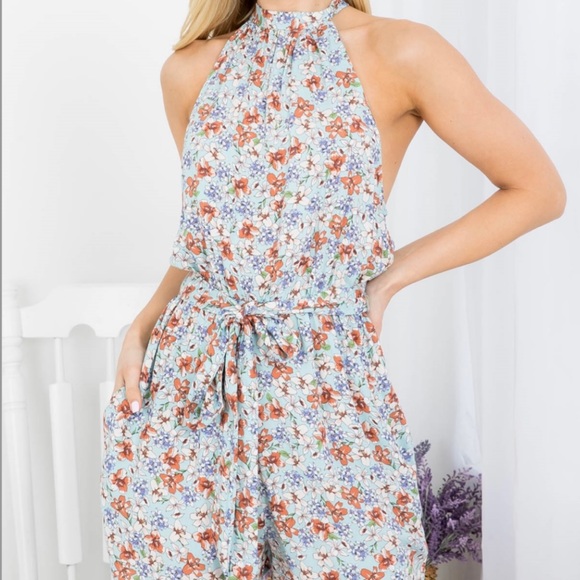 MINT FLORAL PRINT TIE WAIST WITH SIDE POCKET RACERBACK ROMPER - Picture 3 of 3